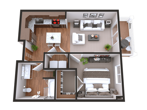 Floor plan for 1 bed, 1 bath, 620 sqft